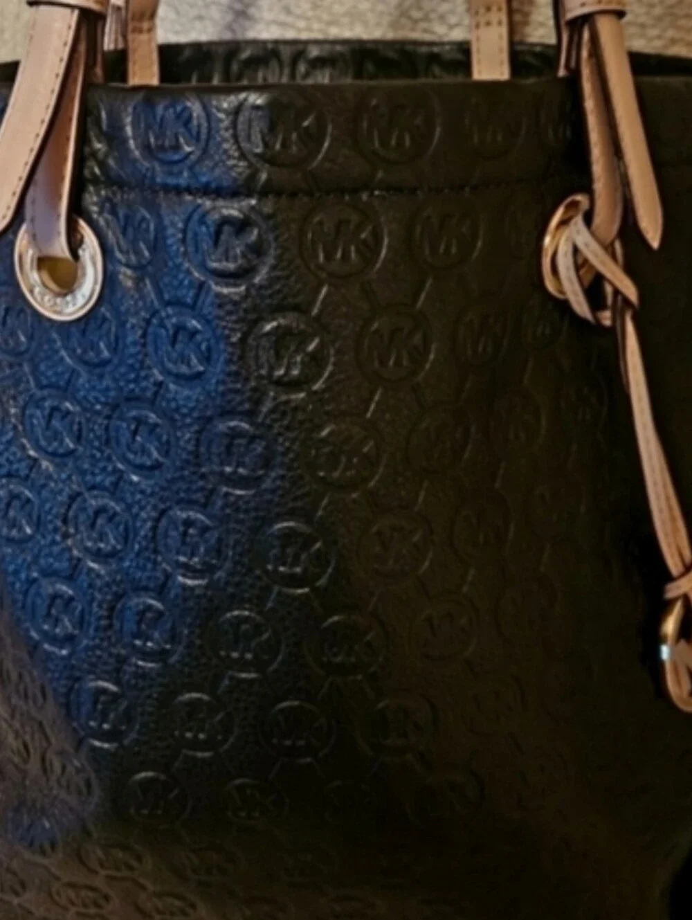 MICHAEL Michael Kors Jet Black Tall Embossed Leather Tote with Cream Straps